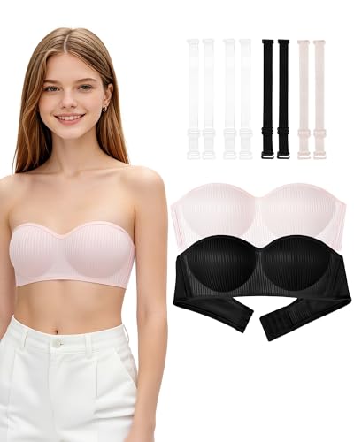 Phennies Girls Strapless Bra for Teens Girls Bandeau Bras 12-14 14-16 Wireless Strapless Bras with Detachable Clear Strap Tube Top