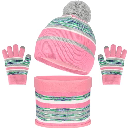 Kids Winter Hat Gloves Scarf Set, Kids Beanie Hat Scarf Mittens with Pom Warm Fleece Lined for Boys Girls 1-7 Years Old