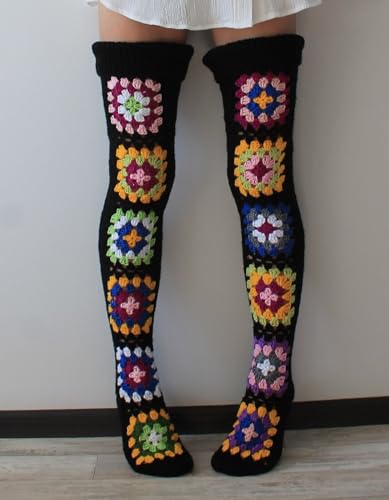 Image of Leoparts Crochet Thigh High Socks Granny Square Over Knee High Retro Knitted Stocking Colorful Leg Warmers