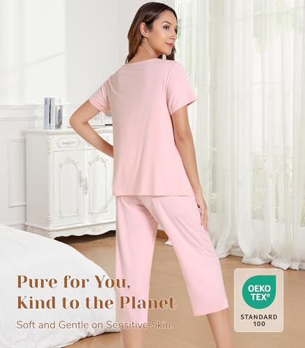 Image of NACHILA Pajamas Set for Women-Viscose Made from Bamboo, Short Sleeve Sleepwear Soft Capri Pants Pajamas with Pocket Cool Pjs