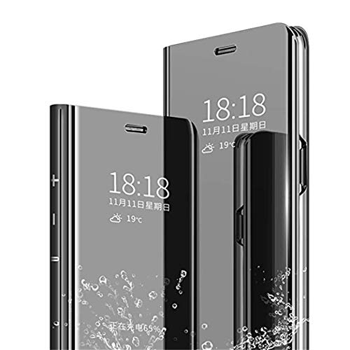 Jacyren Funda de piel para Samsung A41, funda para teléfono móvil con espejo, funda con tapa para Samsung A11 M11, función atril, carcasa trasera con marco protector para Samsung A21 (A41, negro)