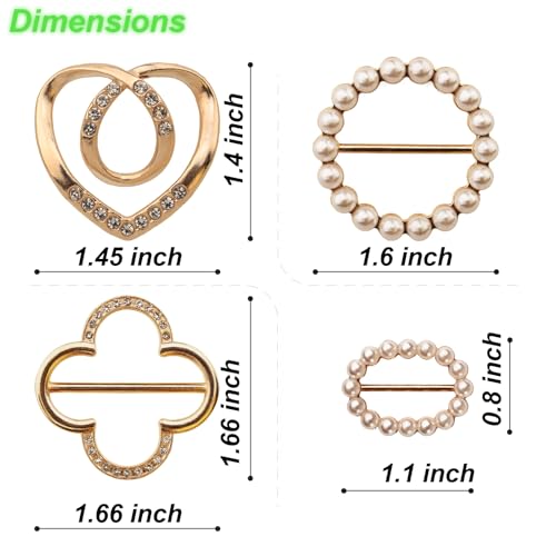 Image of 8-Pack Cute Scarf Ring, Premium Shirt Tie Clips for Women Clothing accessories, 4 Elegant Styles T-shirt Waist Cinch Clip Buckles with Rhinestone Accents (Gold /Silver)