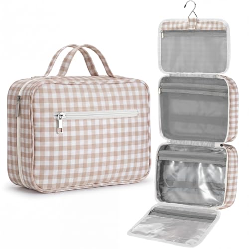 Image of Hanging Toiletry Bag for Women,Gingham,Brown