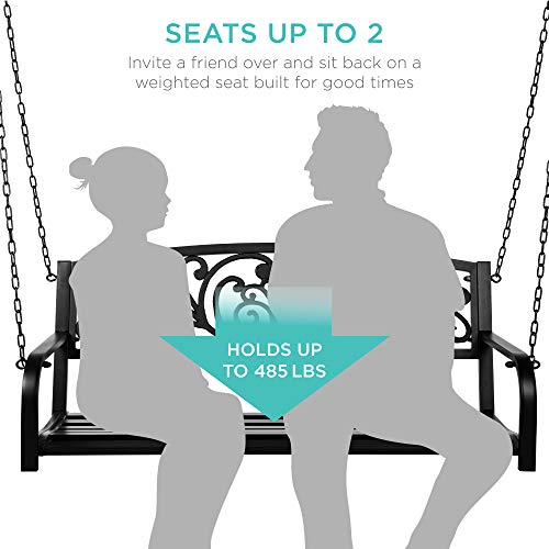 Best Choice Products 2-Person Metal Outdoor Porch Swing, Hanging Steel Patio Bench For Garden Deck W/Floral Accent, 485Lb Weight Capacity - Black #TOP3