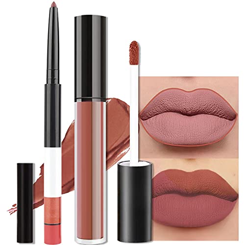 Evpct 2Pcs Orange Brown Neutral Color Lip Liner And Matte Lipstick Makeup Sets Dnm Vegan Lipstick Lip Liner And Gloss Set Lip Stain Long Lasting Waterproof 24 33# #TOP13