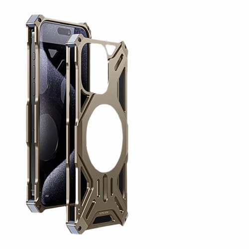HUHUCASE Magnetic Holder Metal Phone Case for iPhone 13 14 15 16 17 Pro Max Plus Hollow Luxury Aluminum Alloy Phone Protective Case (Gold,