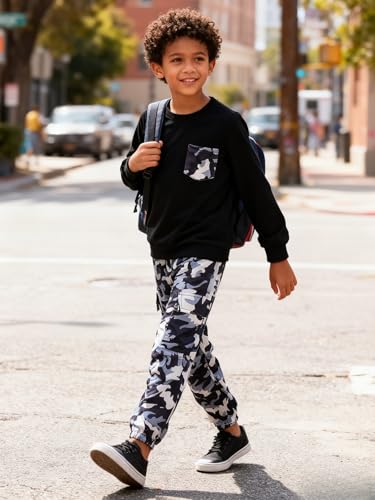Image of Boy Clothes Plant Camouflage Pants LA Letter Print Top Sweatsuit Fall Boys Outfits Set