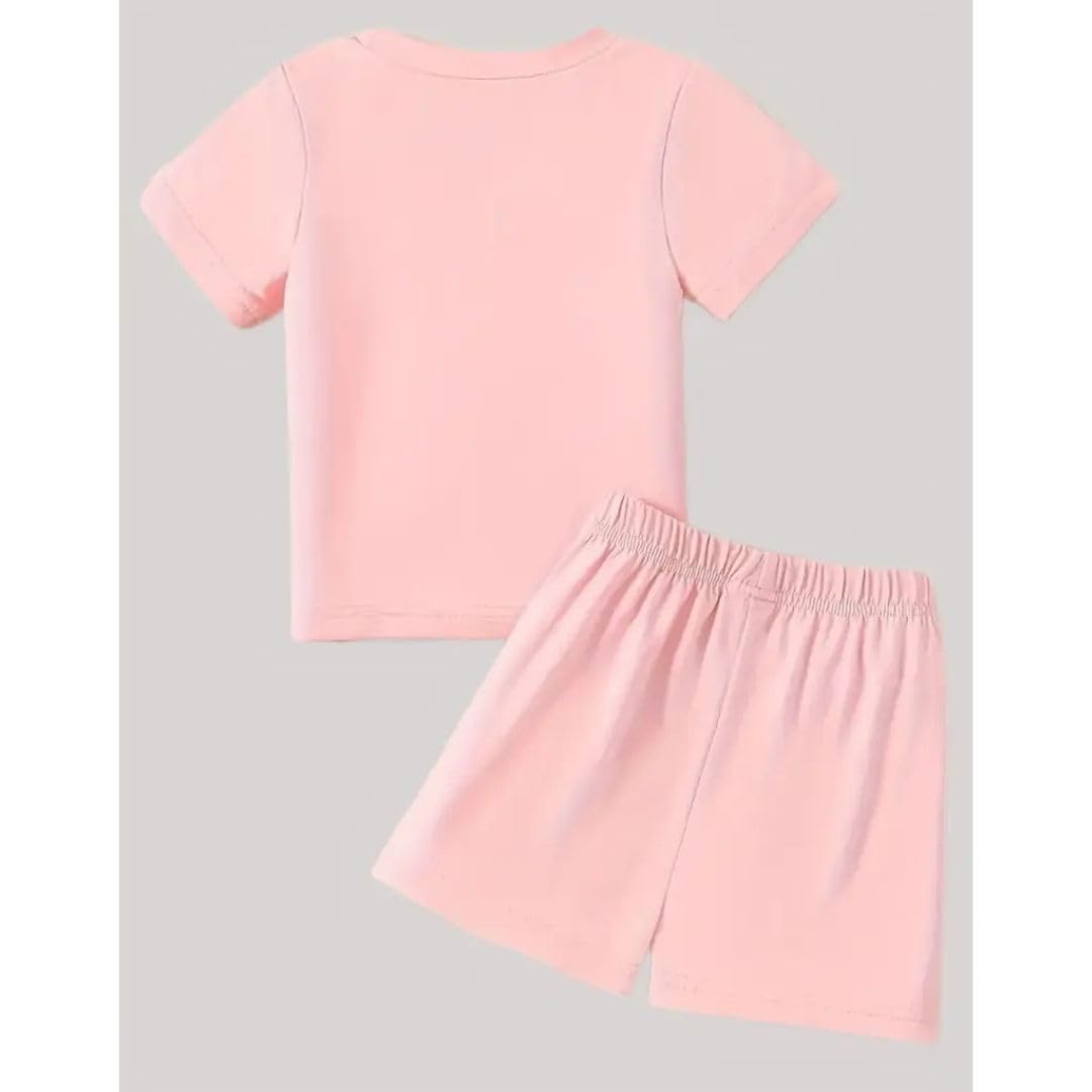 Fommy Adorable Teddy Print Cotton Half Sleeve T-Shirt & Shorts Set for Boys Girls – Kids Clothes for Girls, Baby Girl Summer Dress | Cute Butterfly Summer Outfit | Cotton Clothing Set| Color-Pink