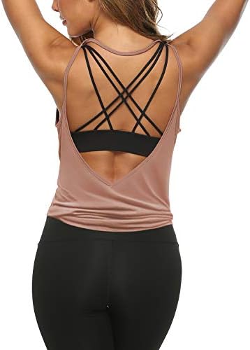 LEXISLOVE Womens Summer Workout Tank Tops Sexy Open Back Backless Yoga Shirt Activewear Workout Clothes Running Sports Gym Loose Cute V Neck Sleeveless Beach Tops Bisque M