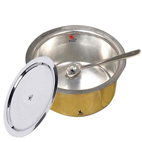 Nutristar Brass Cooking Pot with Stainless Steel Lid and Ladle. Brass Tope Patila with Tin Coating on Inside Surface. Color Golden. Capacity 6 litres.