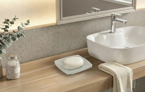 Image of Premium Frosted Glass Soap Dish for Bathroom and Kitchen | Elegant Square Soap Holder Tray for Shower, Sink, Countertop, and Washbasin | Minimalist Matte Glass Soap Case Saver, Clear-White