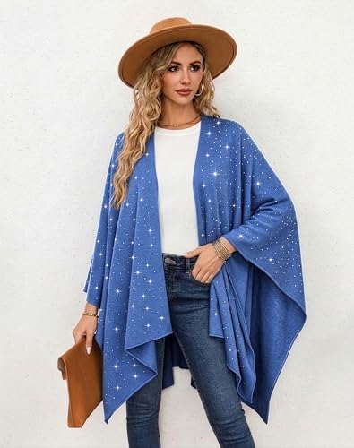 Image of Womens Rhinestones Open Front Poncho Shawl Wrap Cape Ruana Travel Blanket Cardigan