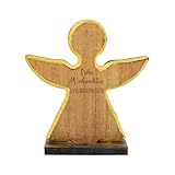 Herz & Heim® Personalisierte Weihnachtsfigur aus Holz – Engel, Stern oder Tannenbaum mit Gravur – Dekoration zu Weihnachten mit Wunschtext – Edler Holzaufsteller mit Goldrand (Engel)