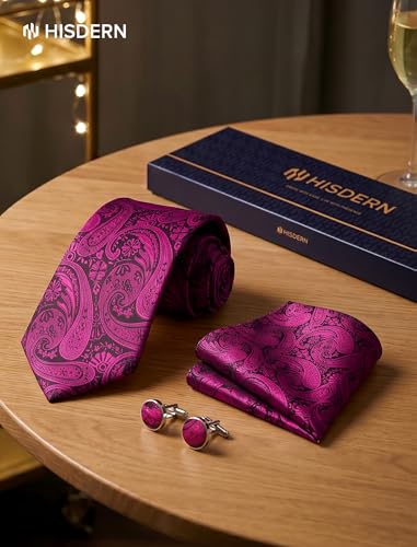 Image of HISDERN Ties for Men Paisley Tie and Pocket Square Cufflinks Set Formal Classic Floral Necktie Handkerchief Wedding Party