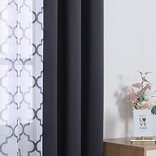 Bonzer Mix And Match Curtains - 2 Pieces Moroccan Print Sheer Curtains And 2 Pieces Blackout Curtains For Bedroom Living Room Grommet Window Drapes, 37X84 Inch/Panel, Dark Grey, Set Of 4 Panels #TOP5