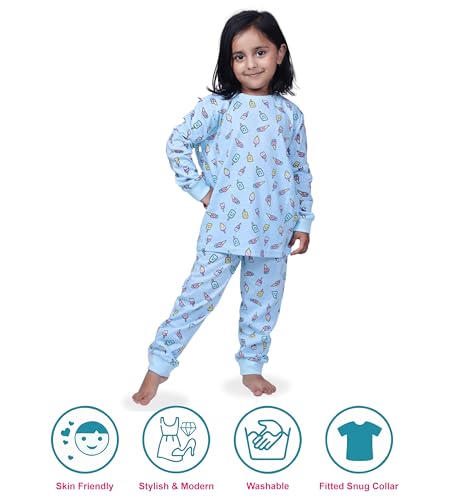 Image of Hestia | H.NSG.N.1 | Kids Girls Nightwear | Sleepwear | Cotton |Trouser Full Sleeves Tshirt | Elastic Waist |Night Dress with Pyjama Tshirts for Girls|All Over Horse Printed |Blue Color 4-6Yrs |Set 1
