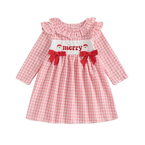 Little Girls Christmas Dress Santa Embroidery Plaid Print Long Sleeve A-Line Dresses Christmas Outfits