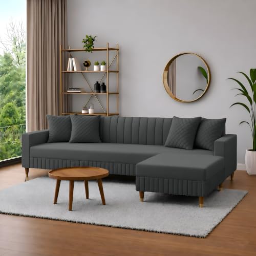 Image of AMATA Omega Solid Wood 4 Seater L Shape Grey Suede Velvet Fabric Sofa Set with Four Cushions Perfect for Home Office Guests Living Room (03 Grey, Omega L Shape 4 SSEATER)(3 Year Warranty)