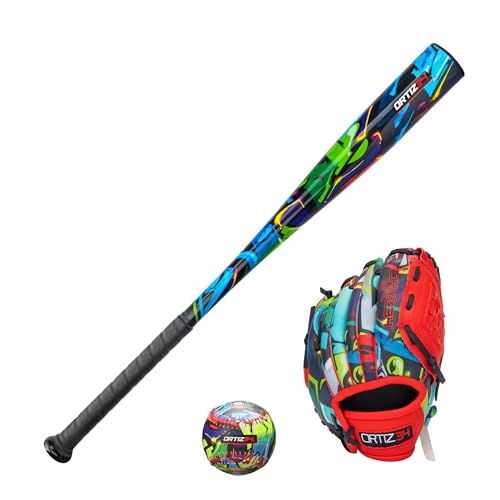 Ortiz34 Homerun Tee Ball Set- David Ortiz 3-in-1 Aluminum Baseball Bat, Baseball, & Youth Baseball Glove Bundle (Made for Youth) (Red/Blue)