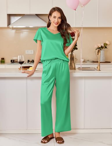 Image of Ekouaer Women's Satin Silky Pajama Set 2 Piece Short Sleeve Shirt with Long Pants Pjs Sets Soft PJ Loungewear S-XXL