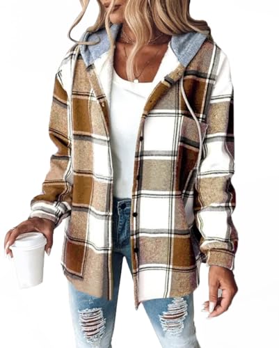 Minetom Sweatjacke Damen Karierte Winterjacke Kapuzenjacke Kapuzenpullover mit Knöpfen Herbst Winter Warm Fleece Gefüttert Jacke Mantel A Khaki L