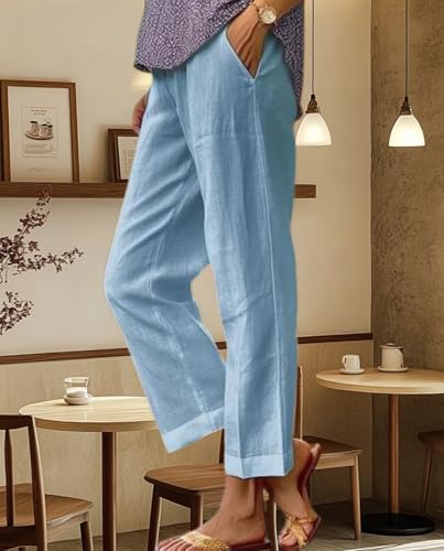 2025 New Women's Summer Linen-Cotton Pants Elastic Waist Straight Leg Cropped - Side Pocket Design2