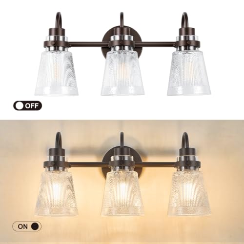 Image of 3-Light Bathroom Vanity Light, Farmhouse Bathroom Light Fixture with Clear Striped Glass Shade, 18.8 Inch Oil Rubbed Bronze Wall Sconce Lighting Over Mirror for Bedroom Hallway Cabinet
