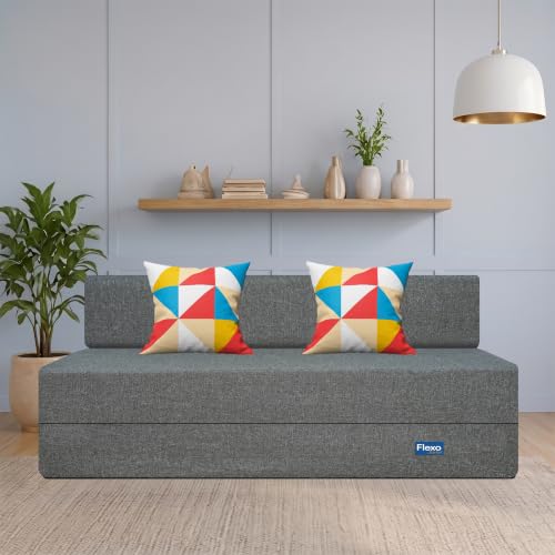 Image of Starlon 3 Seater Foldable Sofa Cum Bed 3-in-1 with 2 Geometrical Pattern Pillows, Washable Jute Fabric Cover, Space Saving Guest Bed, Pre-Assembled Ash Gray 5x6.25 Ft