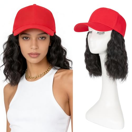 TESS Red Baseball Cap with 8'' Short Wavy Synthetic Hair Extensions for Women and Girls - Adjustable & Breathable Wig Cap for Daily Use, Outdoor Activities