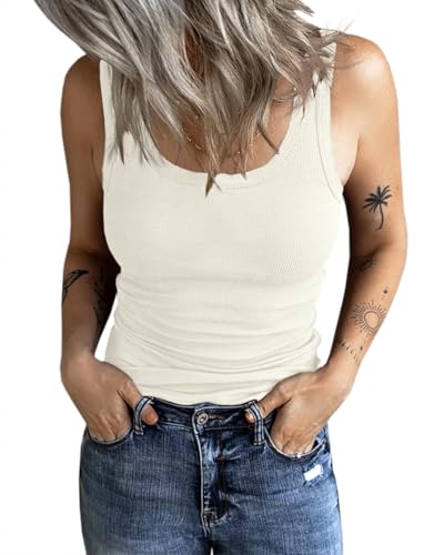 Fessceruna Women's Tops Sexy Scoop Neck Tank Top Summer Sleeveless Vest Ribbed Camisole with Buttons, 1-White, L