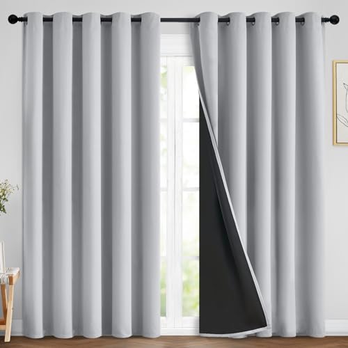 Image of Yakamok Light Grey 100% Blackout Curtains 84 Inches Long 70 inch Wide 2 Panel | Blackout Curtain Panels for Bedroom, 2 Thick Layers Grommet Top Thermal Insulated Drapes with Black Liner for Living Room