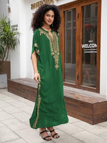 Image of KECVOT Kaftan Dresses for Women Embroidered Short Sleeve V-Neck Plus Size Caftan Bikini Swimsuit Cover-Up Long Beach Dress