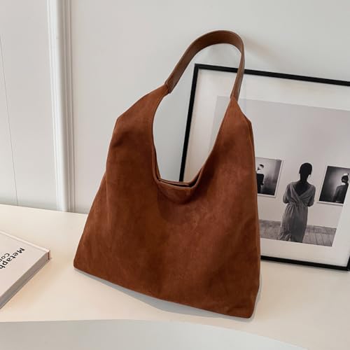 Image of Lushandy Brown Suede Purse Faux Suede Tote Bag Leather Hobo Bags for Women Slouchy Hobo Bag Fall Purse Shoulder Bag