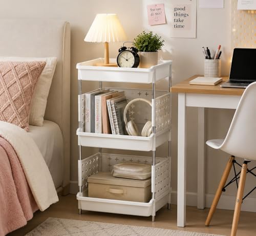 Image of KITCHIVO Multipurpose Storage Rack Organizer with Stainless Steel Pipes | Heavy Duty Plastic Shelf Stand for Kitchen, Bathroom, Laundry & Pantry (White, 3 Layer)