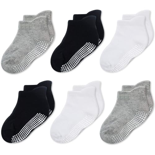 CozyWay Non-Slip Ankle Style Socks with Grippers, 6 Pack for Baby Boys and Girls, Black White Gray, 3-5 Years