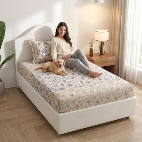 Image of Mafatlal 186 TC Spring Glory Graceful Pure Cotton Single Flatsheet (60 x 90 Inch) | Breathable Summer Comfort | Wrinkle-Free Floral Bedsheet with 1 Pillow Cover, Modern Blue