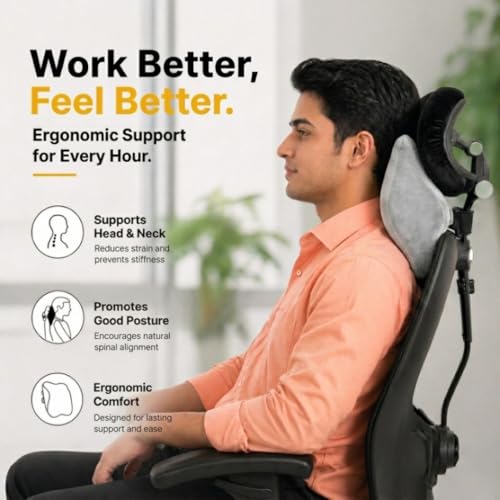 Image of Relaxer Office Chair Neck Rest | Ergonomic Cervical Neck Support Cushion for Office, Gaming & Study Chair | Relieves Neck Pain, Shoulder Tension & Desk Fatigue | Adjustable Strap (Grey)
