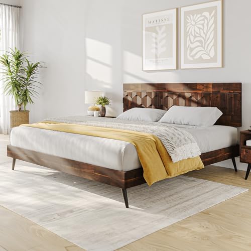 Image of Bme Georgina Signature Dark Choco Bed Frame, King Bed Frame and Headboard Handcrafted Geometric, Mid Century Modern, Solid Acacia Wood, No Box Spring Needed, 12 Wood Slats Support, Easy Assembly