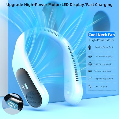 Image of Portable Neck Fan, Personal Wearable Bladeless Fan for Outdoor Indoor, LED Display, 360 Cooling, 4-Speeds, 6000mAh USB Rechargeable, Birthday Gifts for Men Women Dad Mom (Light blue)