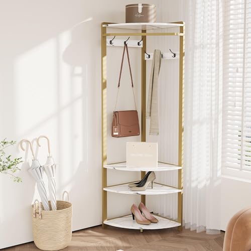 Corner Hall Tree with Shoe Bench & 6 Double Hooks, Space-Saving Entryway Corner Coat Rack with Storage Organizer & Shelf, Multi-Functional Hallway Storage Tree for Entryway, Hallway, White+Gold by GAOMON - Used condition - Image 4