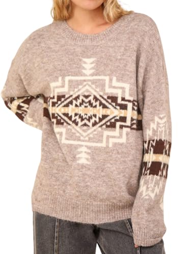 Womens Loose Fit Argyle Graphic Aztec Western Sweater Long Sleeve Crewneck Pullover Tops