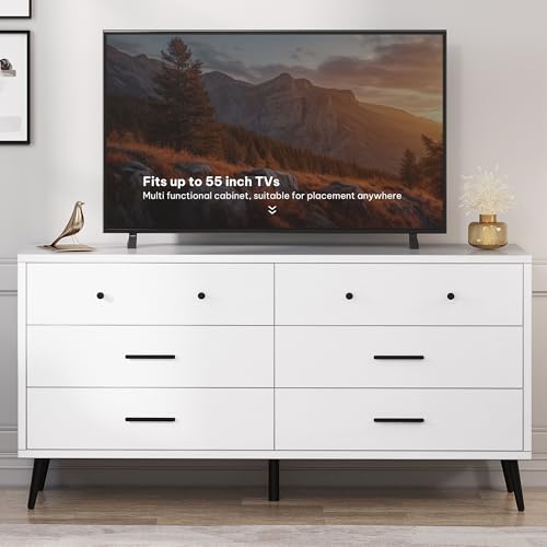 DWVO White 6 Drawers Dresser/Modern Wood Dresser Chest of Drawers with Black Metal Handle&Anti-Tipping Device/Modern Double Drawer Storage Cabinet for Entryway/Living Room-15.7" Dx55.1 Wx31.1 H