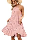 Zilcremo Women Summer Dress Sleeveless Ruffle Tiered Beach Sundress Swing Halter Dresses Pink M