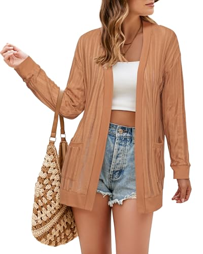 Image of STYLEWORD Women's 2026 Summer Fashion Cardigan Lightweight Boho Knit Hollow Beach Cover Up Kimonos Open Front with Pockets