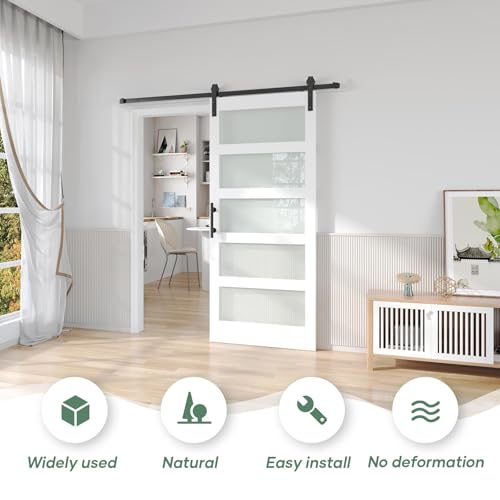 Image of Fredbeck White Glass Barn Doors 34x84 with Hardware,5 Panles Frosted Glass