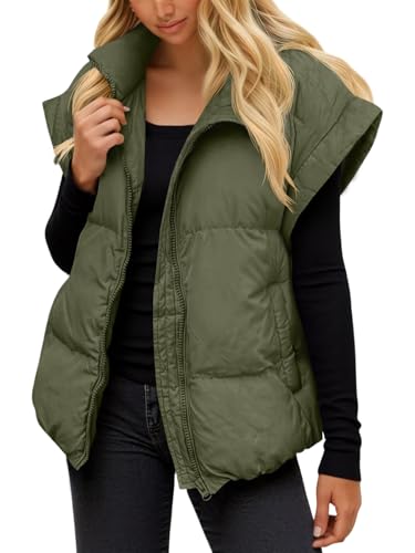 Tankaneo Womens Quilted Puffer Vest Casual Stand Collar Cap Sleeve Coat Zip Loose Fit Warm Outerwear