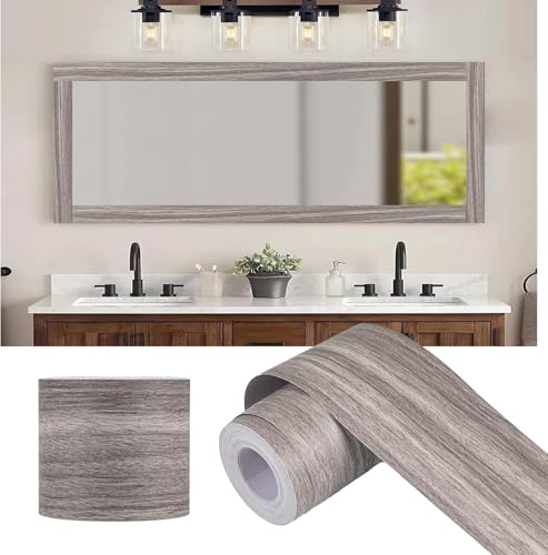 Alened 15M Grey Mirror Border Peel and Stick, Wood Grain Wallpaper Border