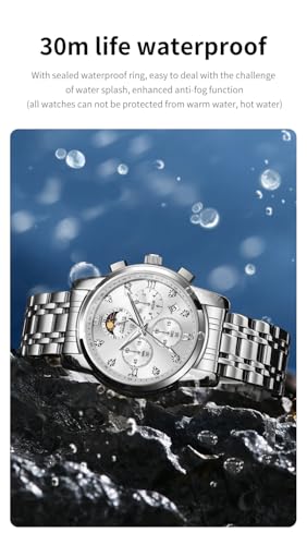 Image of OLEVS Chronograph Watches for Men Original Analog Quartz Black Stainless Steel Chain Luxury Dual Time Zone Moon Phase Date Waterproof Men's Wrist Watch