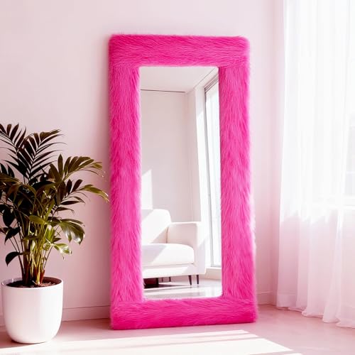 Fluffy Full Length Mirror Cover Universal Ultra Soft Non-Slip Border with Adhesive Tape Pink Fuzzy Frame Decor for Standing Mirror Bedroom Cloakroom Home Decor Women Gifts (vibrant pink 59x16 inches)