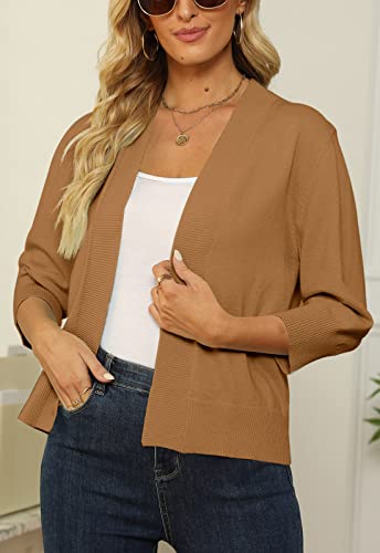 Image of Women's 3 /4 Sleeve Cropped Cardigan Sweater Open Front Short Shrugs Cardigans Lightweight Sweaters